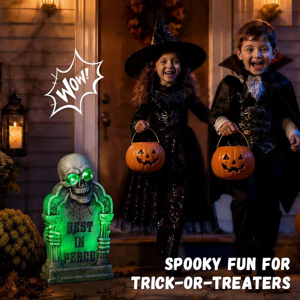 Halloween Decoration Animatronic Tombstone with Skull & Pillars, Sound Ac...