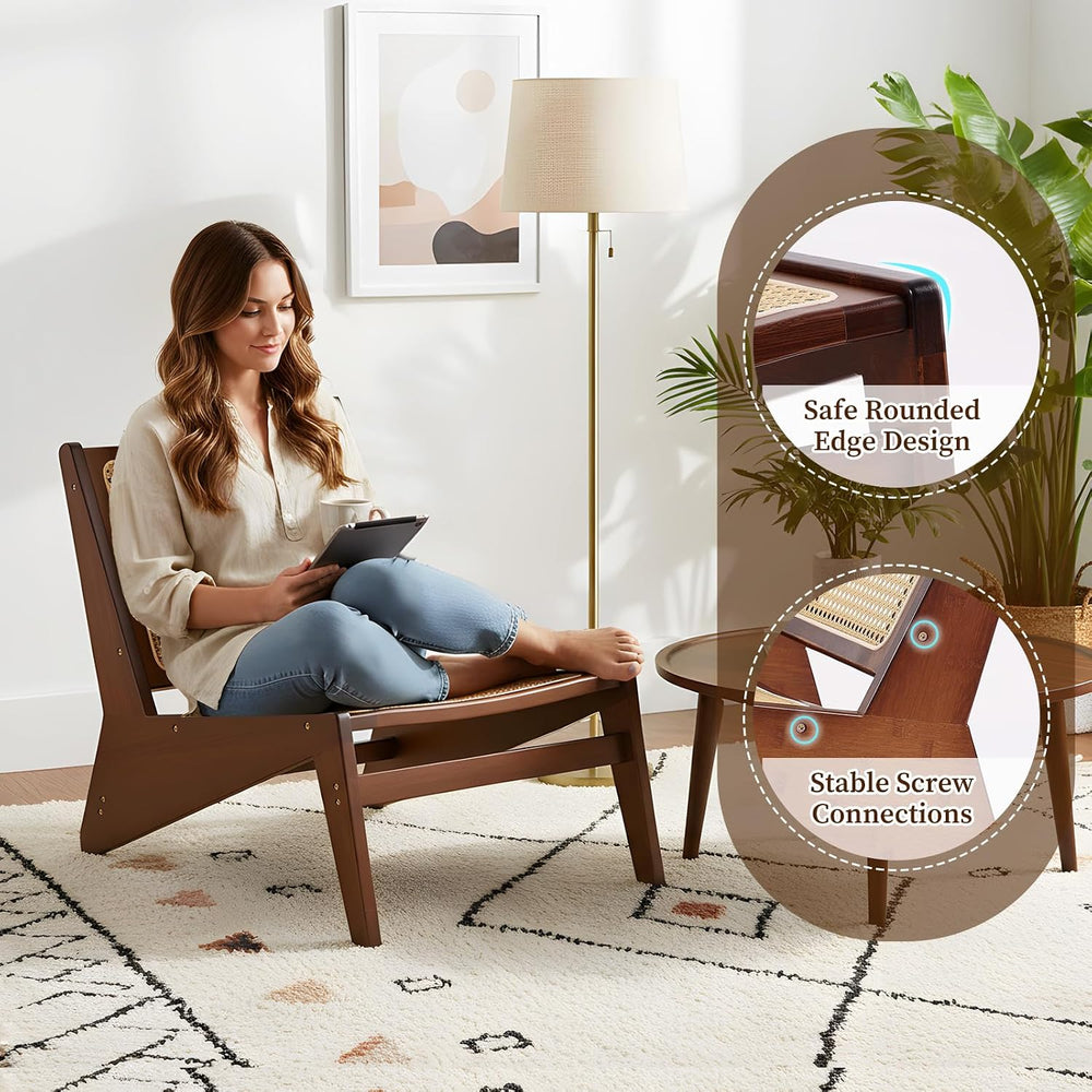 Rattan Accent Chair, Compact Low-Profile Bamboo Chair in Walnut