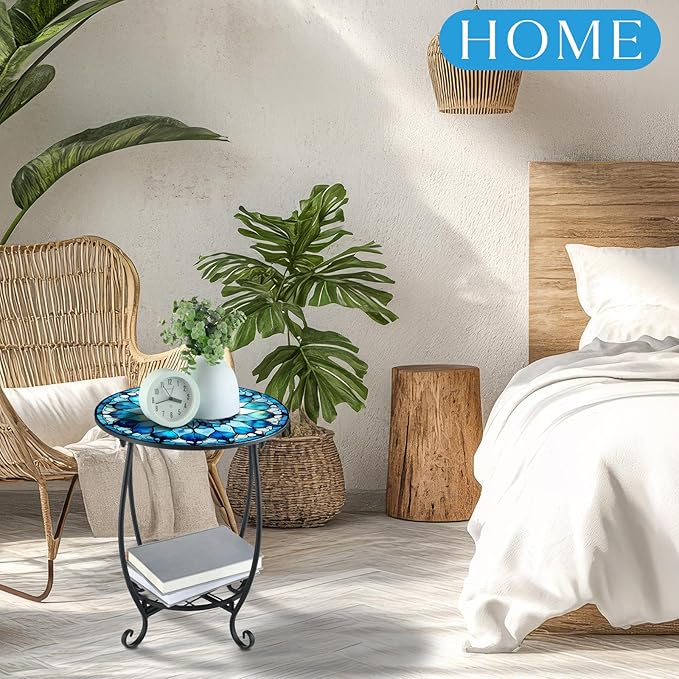 Outdoor Side Table Round Small Mosaic Patio Accent Indoor End Plant Coffee Te...