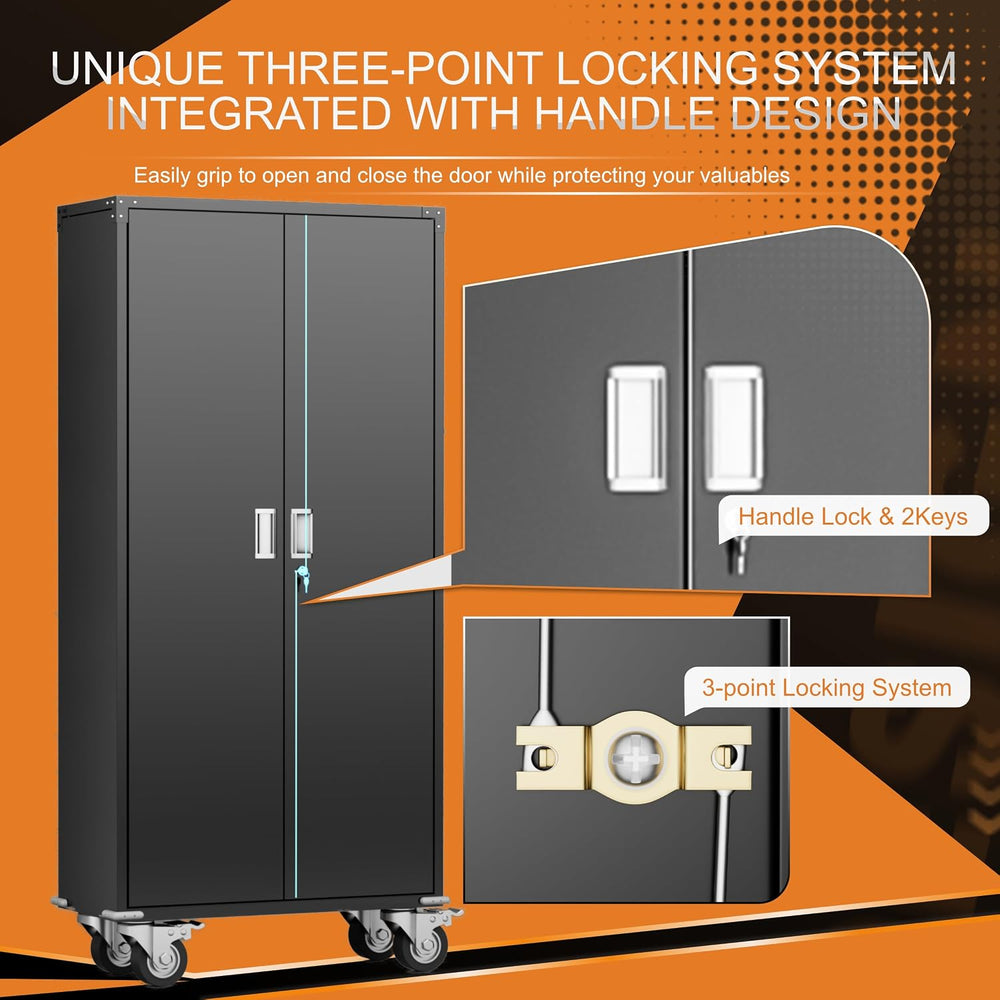Garage Storage Cabinet with Wheels, 72" H Metal Cabinet with 2 Locking D...