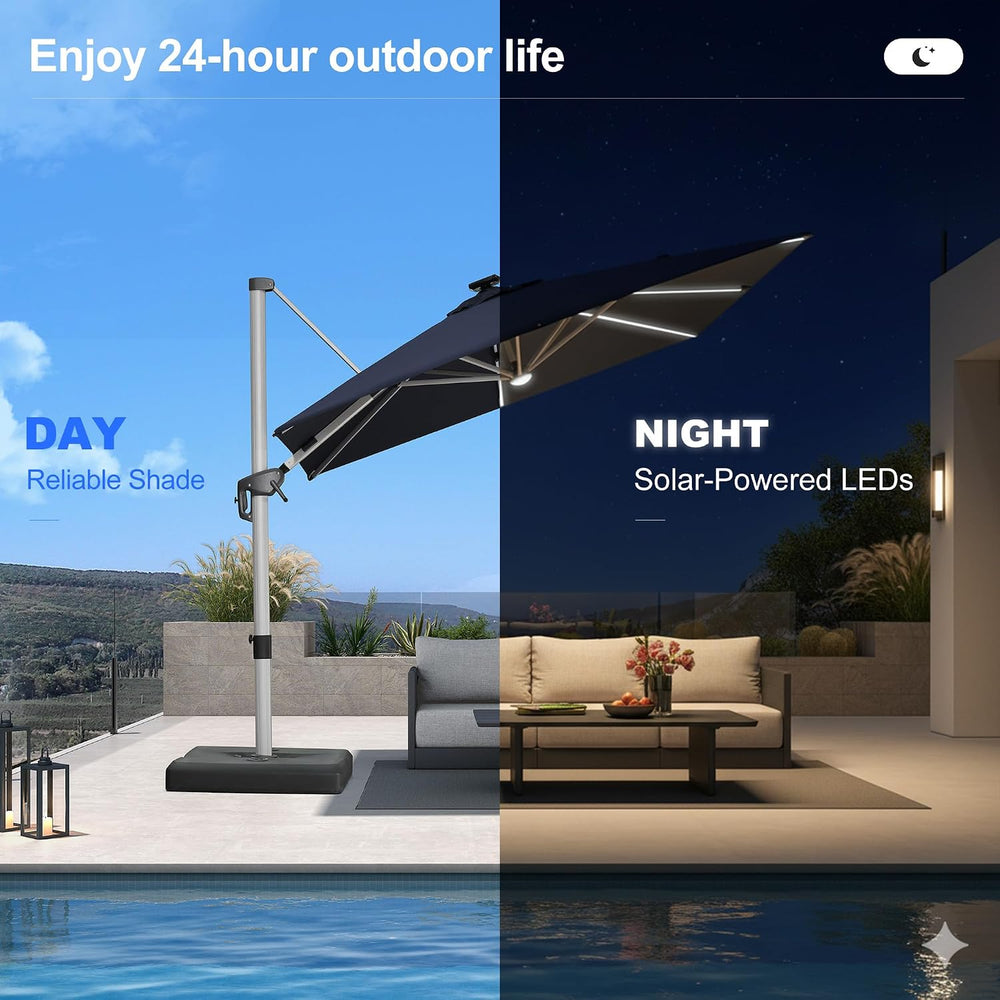 PURPLE LEAF Cantilever Patio Umbrella 10' X 10' Solar LED Light, Navy...