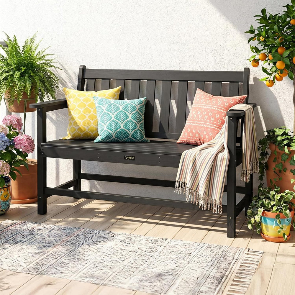 VINGLI 49in HDPE Outdoor Bench with Backrest and Armrests, 2-Person Weatherpr...