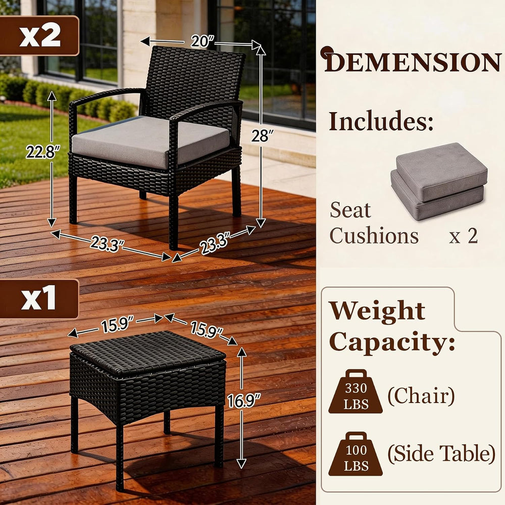 PROHIKER 3 PCS Patio Rattan Conversation Bistro Chairs Set, Outdoor Patio Fur...