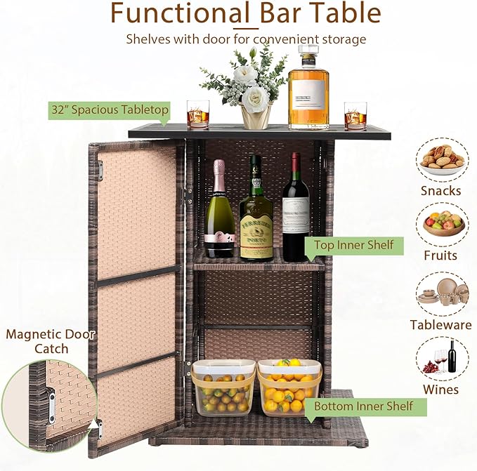Tangkula 5 Piece Outdoor Rattan Bar Set, Patio Bar Furniture with 4 Cushions ...