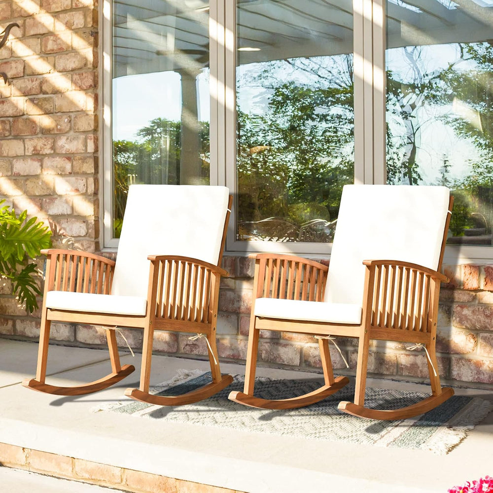 2PCS Rocking Chair Outdoor, Acacia Wooden Rocker Chair with Seat and Back Cus...