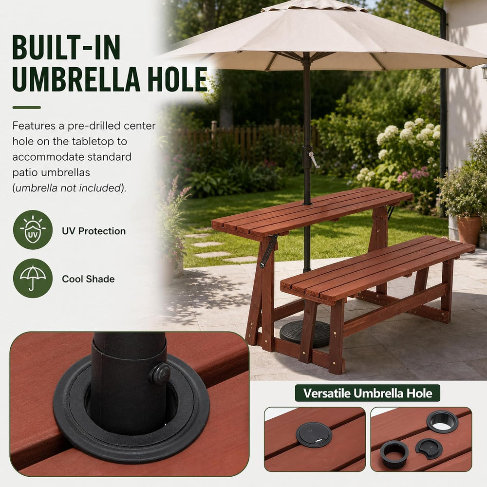2-IN-1 Convert A Bench Picnic Table Wood Bench to Table With Umbrella Hole