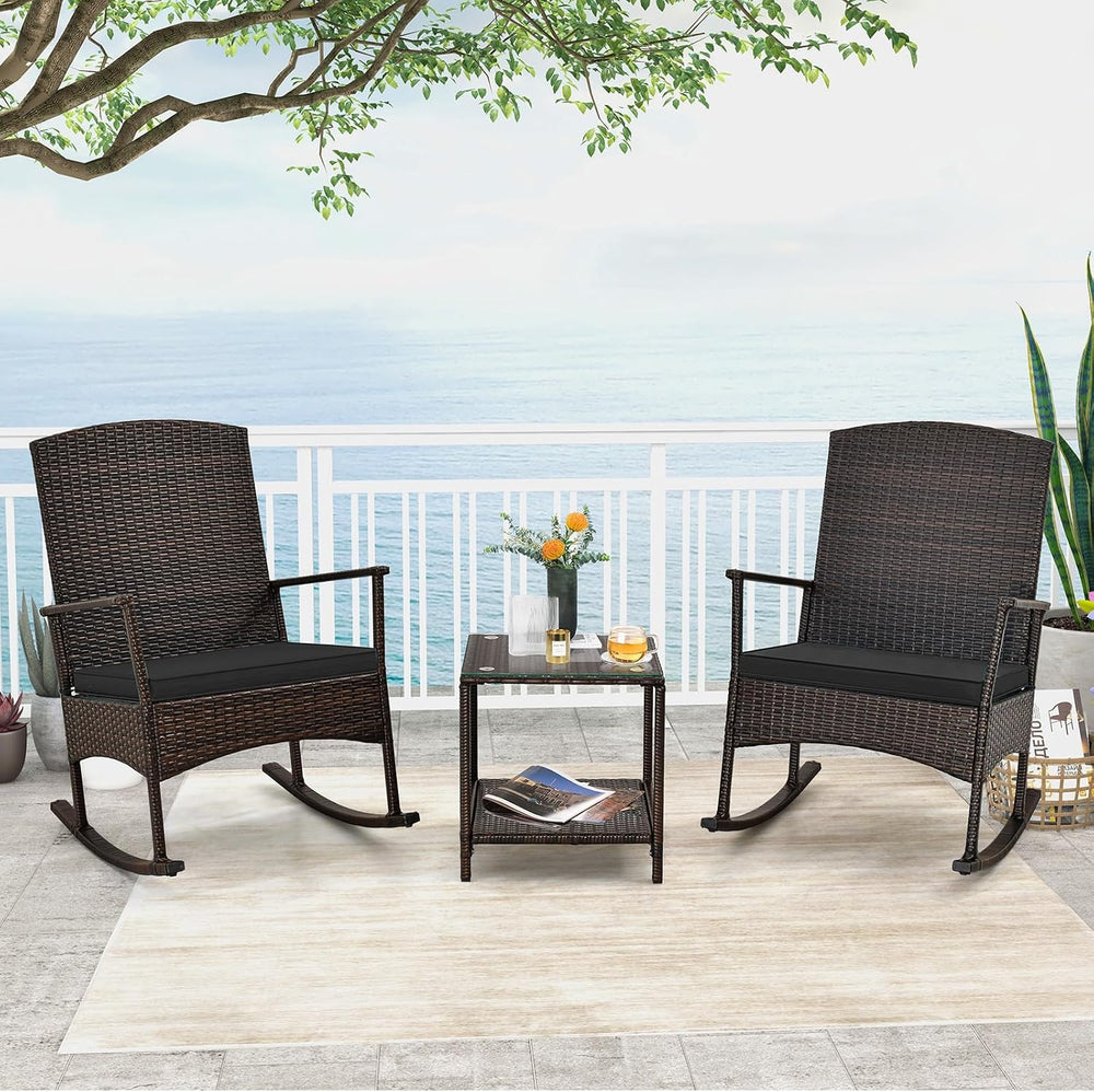ORALNER 3 Pieces Patio Rocking Chair, Wicker Bistro Set w/Cushions (Black)