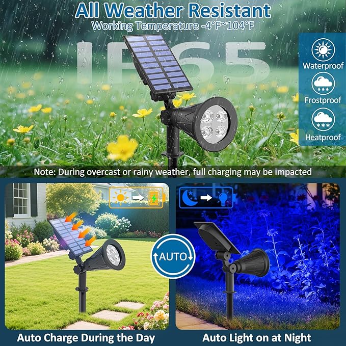 T-SUNUS Blue Solar Lights Outdoor Christmas, 2 Modes Garden Spotlights Waterp...