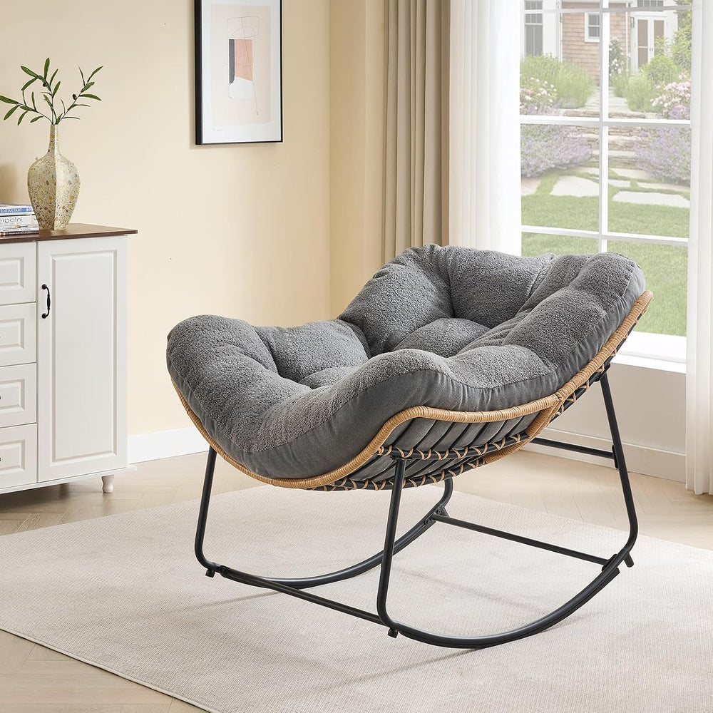 ONBRILL Outdoor Rocking Chairs, Oversized Papasan Rocking Chair, Gray