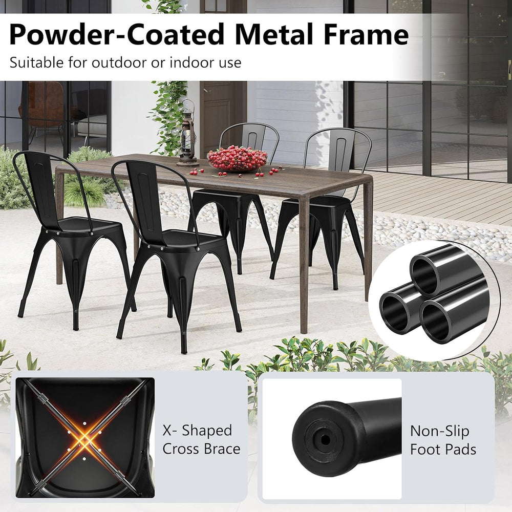 COSTWAY Stackable Metal Dining Chairs Set of 4 with Back, Indoor & Outdoor