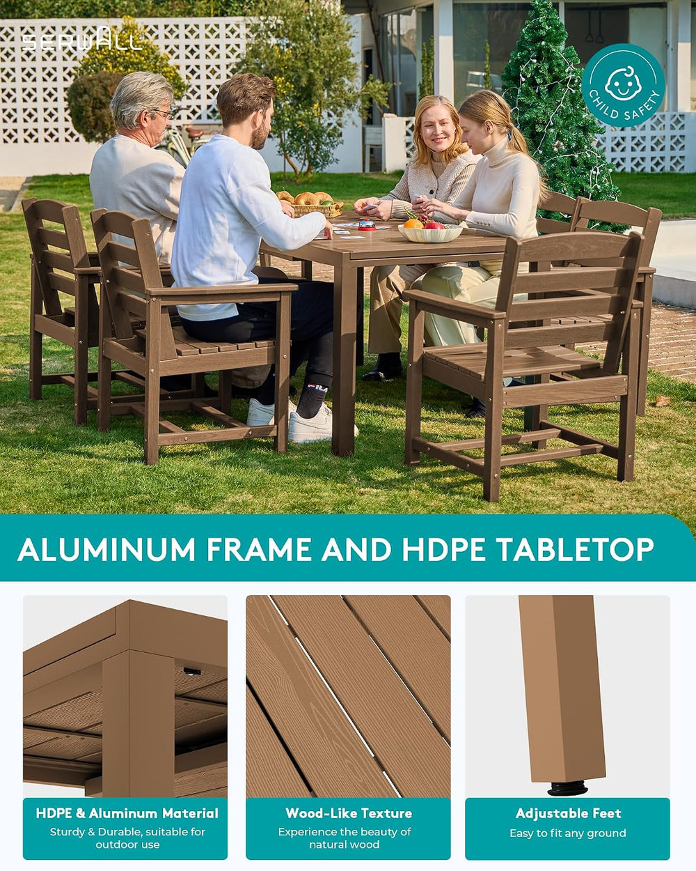 SERWALL HDPE and Aluminum Outdoor Dining Set for 8, Brown