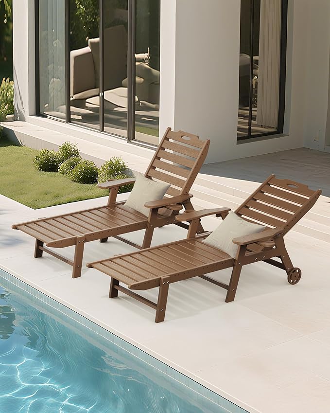 Carauci Lounge Chair Outdoor Set of 4, HDPE Chaise Lounge with Wheels, 5-Posi...