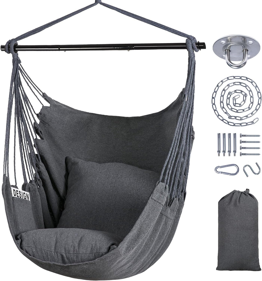 Hammock Chair Swing with Steel Support Bar, Side Pocket, Dark Gray