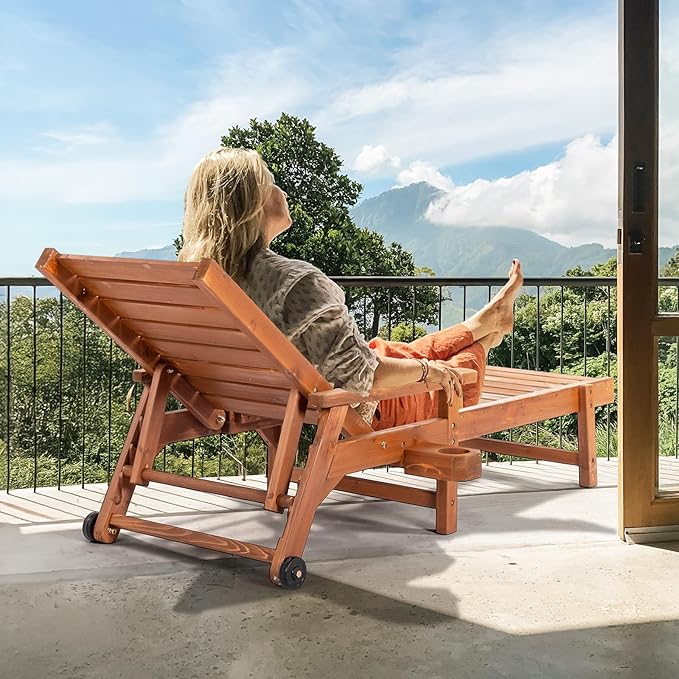 VINGLI Outdoor Chaise Lounge Chair, Wooden Patio Lounger Chair with Adjustabl...