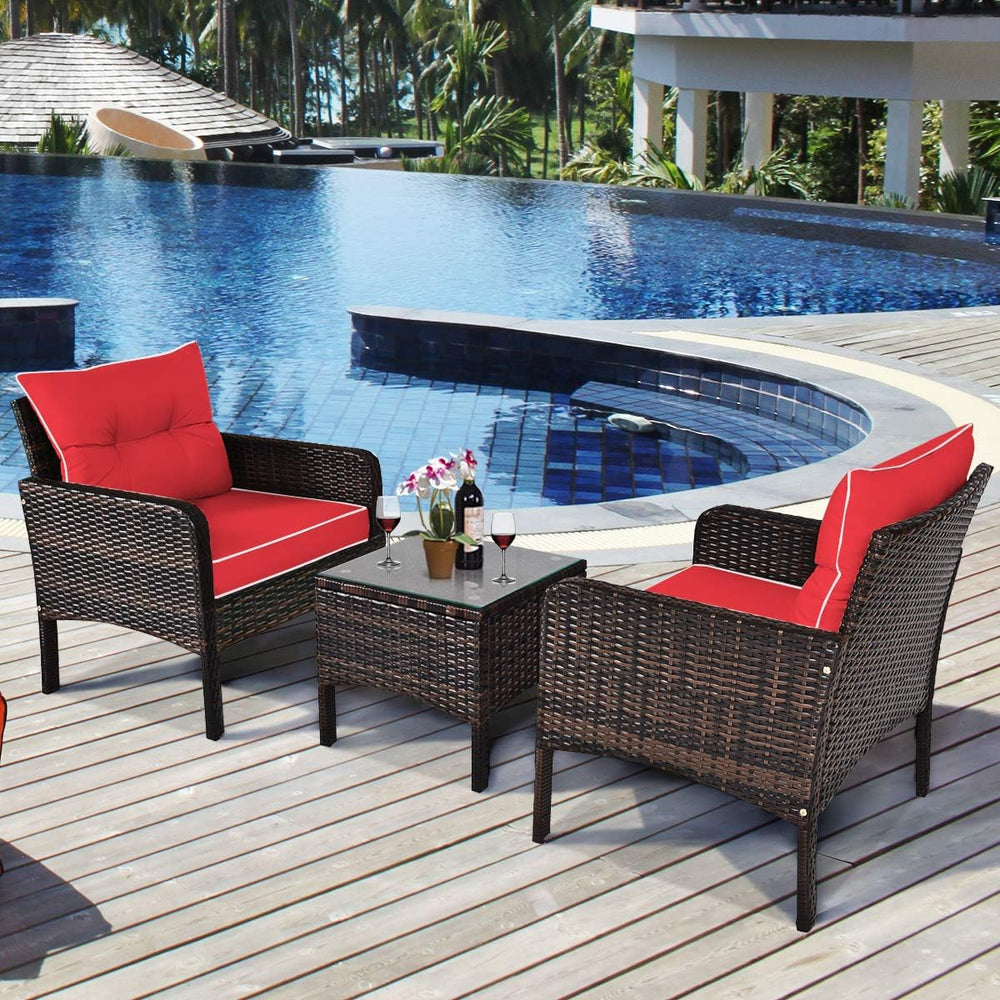 HAPPYGRILL 3 Pieces Patio Furniture Set, Outdoor Rattan Wicker Conversation S...