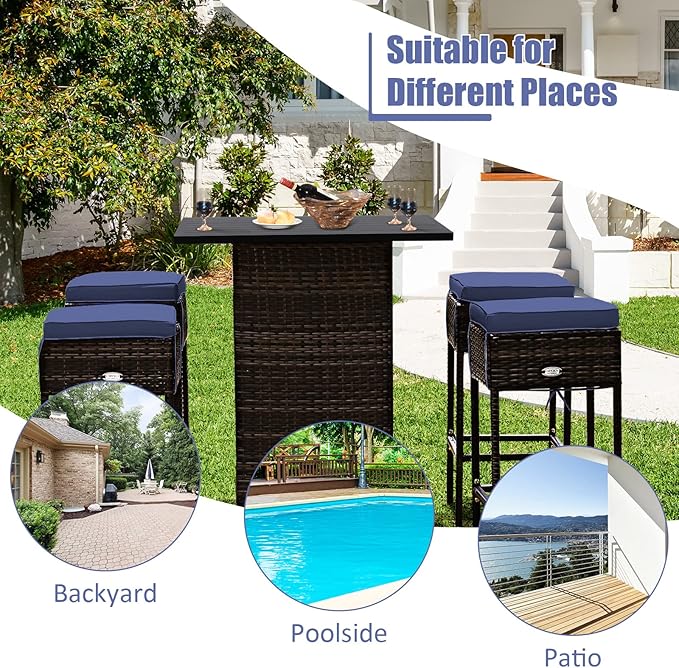 Tangkula 5 Piece Outdoor Rattan Bar Set, Patio Bar Furniture with 4 Cushions ...