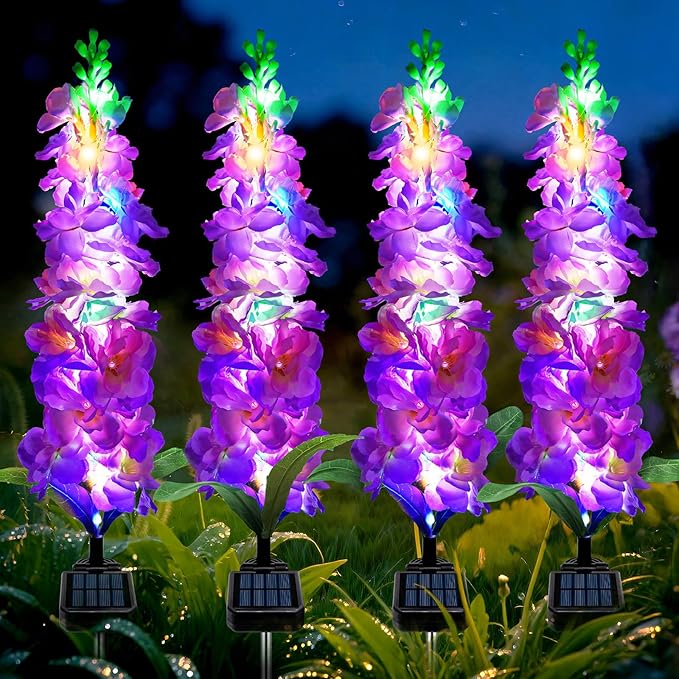 Solar Garden Lights, Solar Purple Delphinium Flowers Lights 4 Pack 80 LEDs, W...