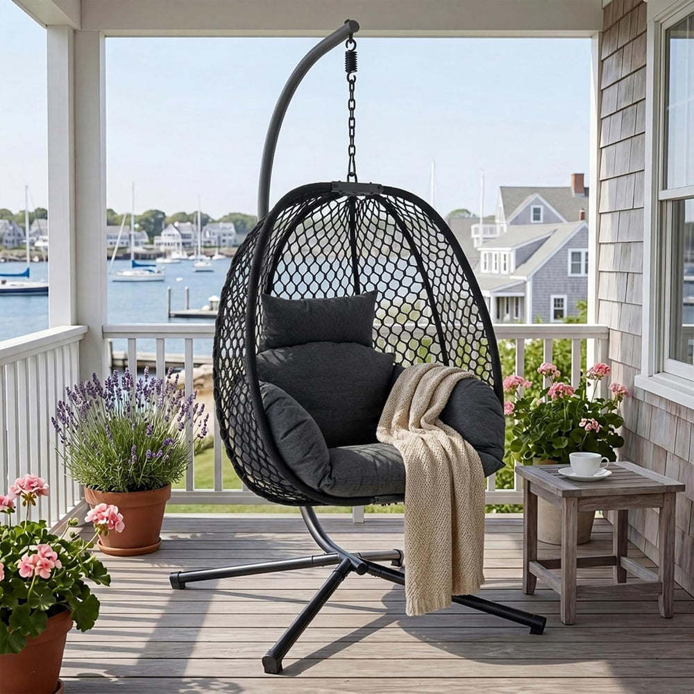 Egg Chair Outdoor with Stand, 400lbs Wicker Hanging Egg Swing Chair, Porch Sw...