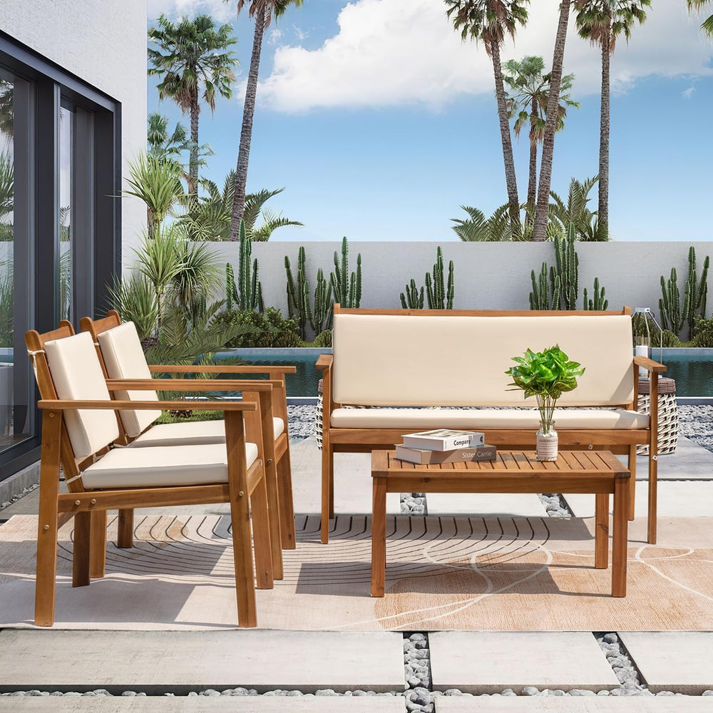 Greesum Outdoor Patio Furniture, 4 Piece Bistro Sofa Set with Coffee Table an...