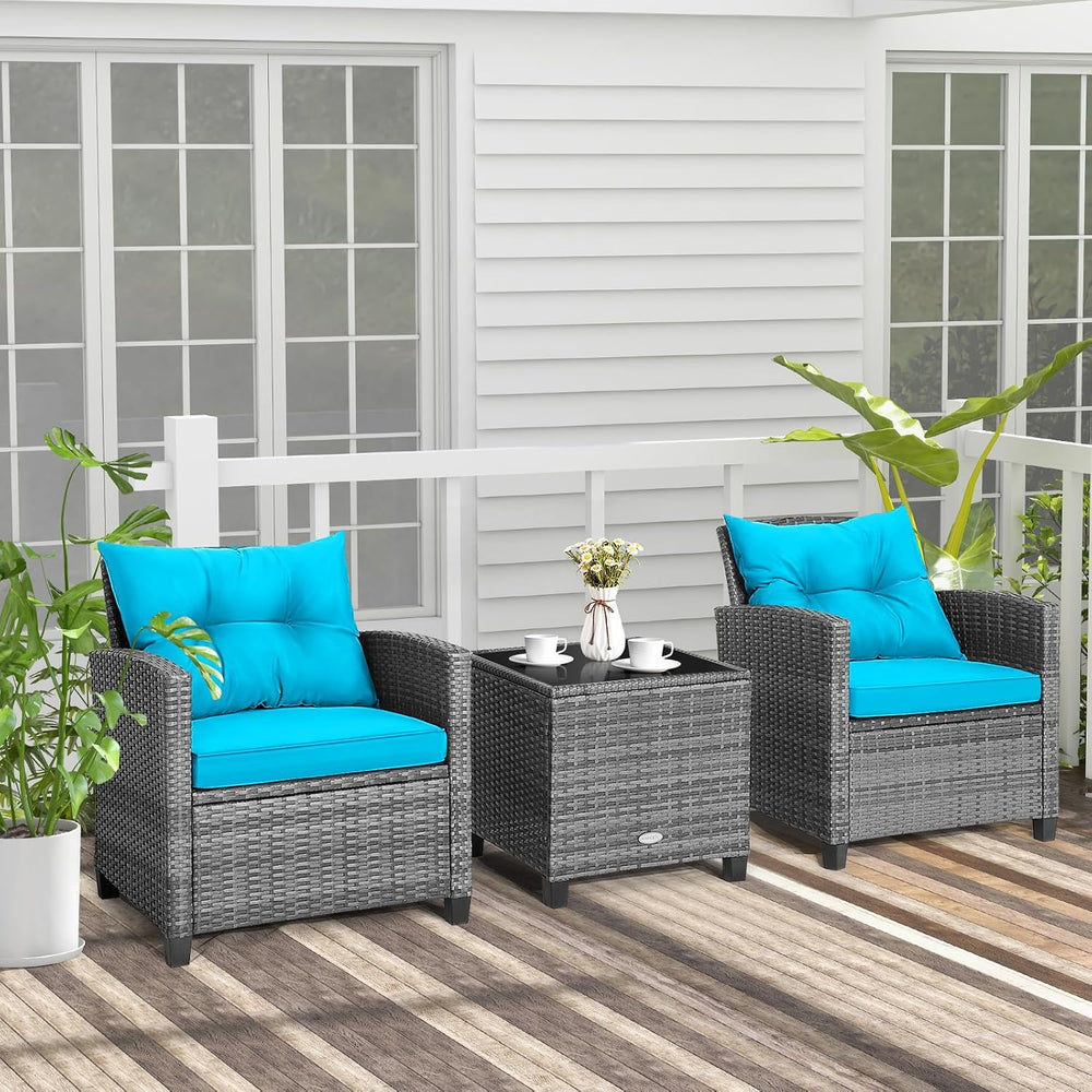 Tangkula 3 Pieces Patio Furniture Set, Outdoor PE Rattan Conversation Chair S...