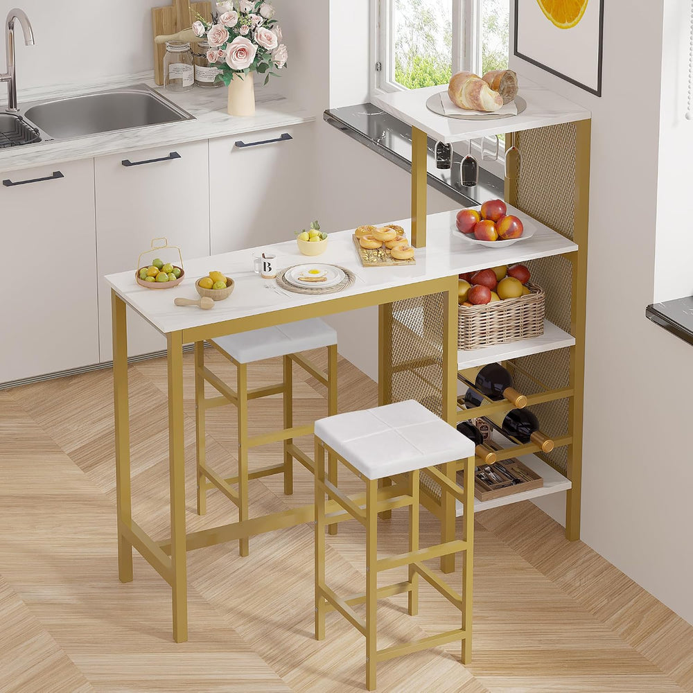 VECELO Bar Table and Chairs Set for 2, Tall Kitchen Counter Dining with Stora...