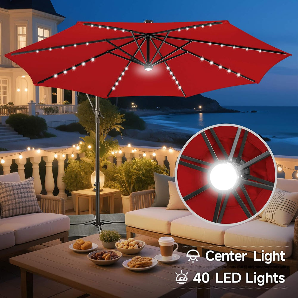 FLAME&SHADE Cantilever Umbrella Solar with Centre Light, 10 FT, Red
