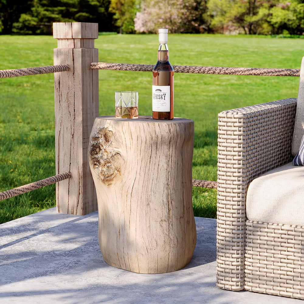 HOMPUS Concrete Outdoor Side Table, Tree Stump, Modern Round Coffee Table
