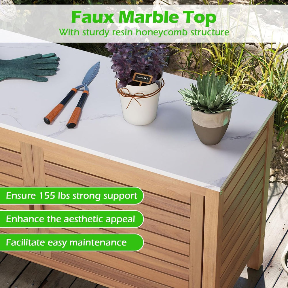 Goplus Patio Storage Cabinet, 2-Door Acacia Wood Console Table with Faux Marb...