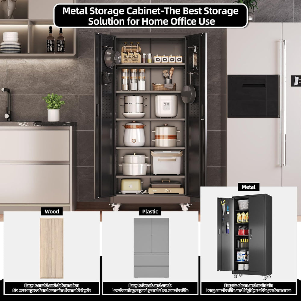 Aobabo 71" Metal Storage Cabinet with Wheels, 5 Shelves & Pegboards,...