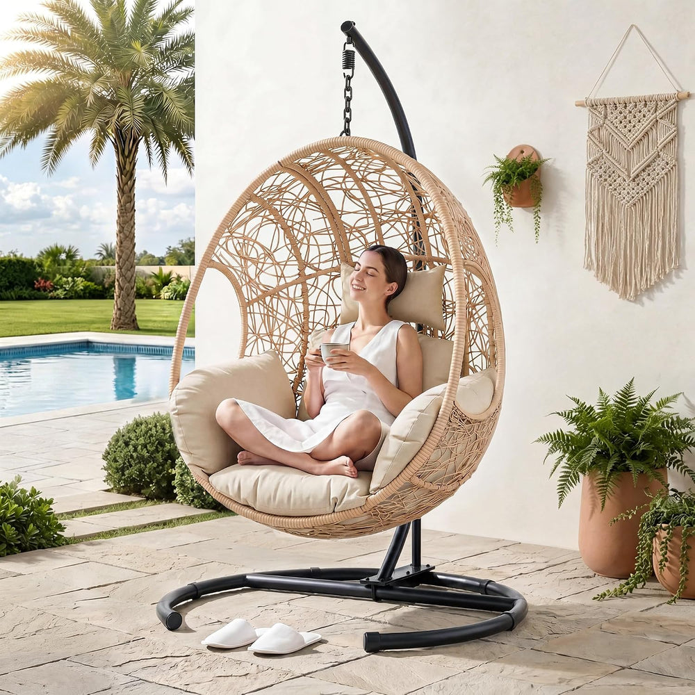 Oversized Hanging Egg Chair with Stand Outdoor Wicker Swing Chair Comfy Hammo...