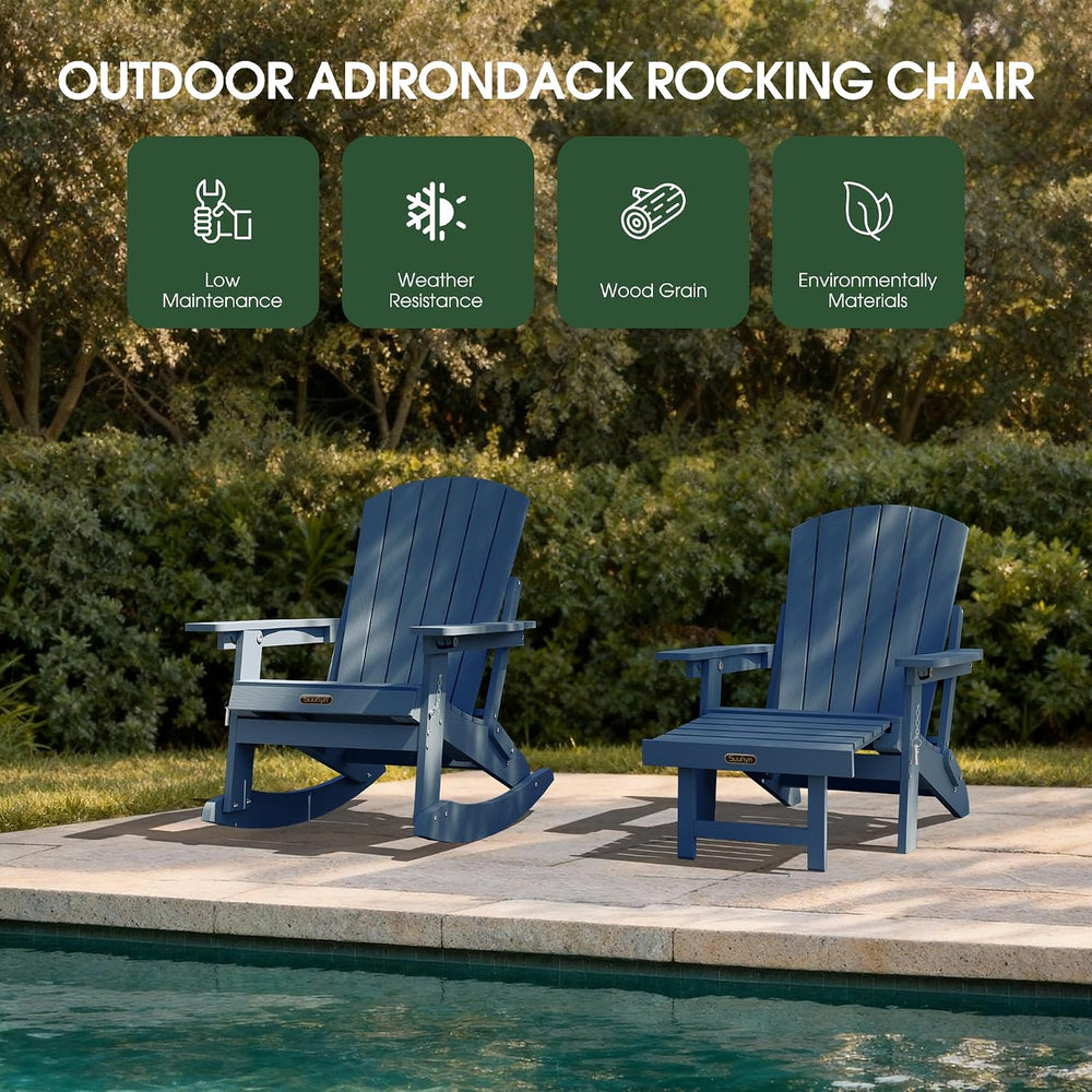 4-in-1 Rocking Adirondack Chair with Footrest, HDPE, Navy Blue