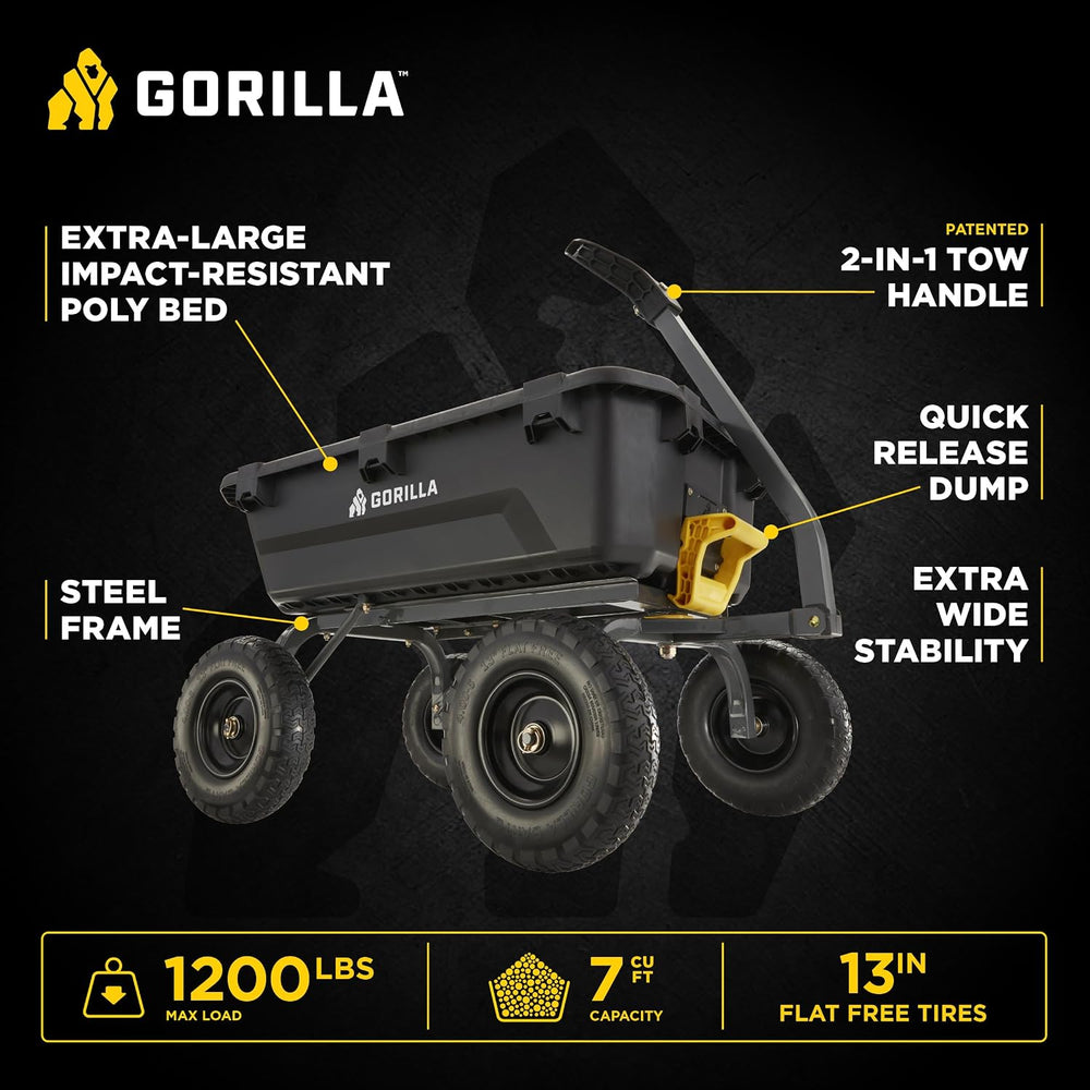 Gorilla Carts Dump Garden Cart, 7 Cu Ft,1200 lb Capacity, No-Flat Tires