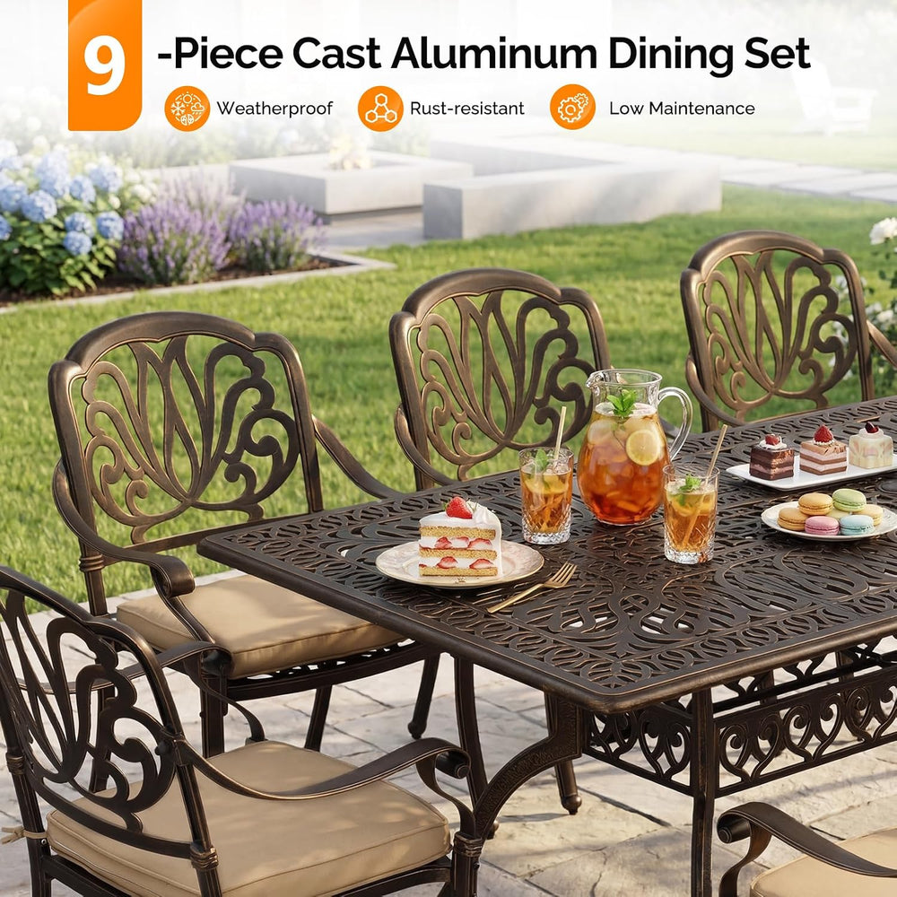 VINGLI 9 Pieces Outdoor Dining Set, Cast Aluminium All-Weather Patio Dining S...