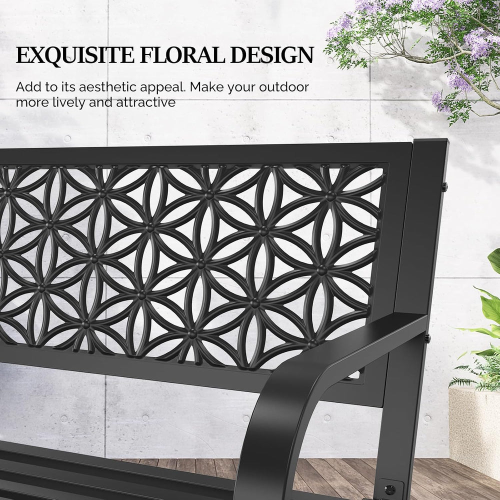 VINGLI 50" Outdoor Bench Metal with Floral Back, Garden Bench Front Porc...