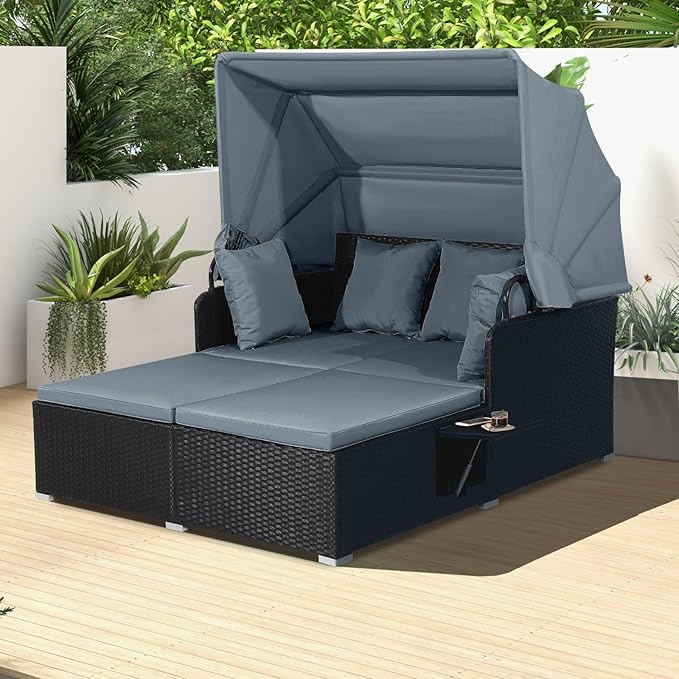 COSTWAY Outdoor Daybed with Retractable Canopy, Wicker Patio Furniture Set wi...