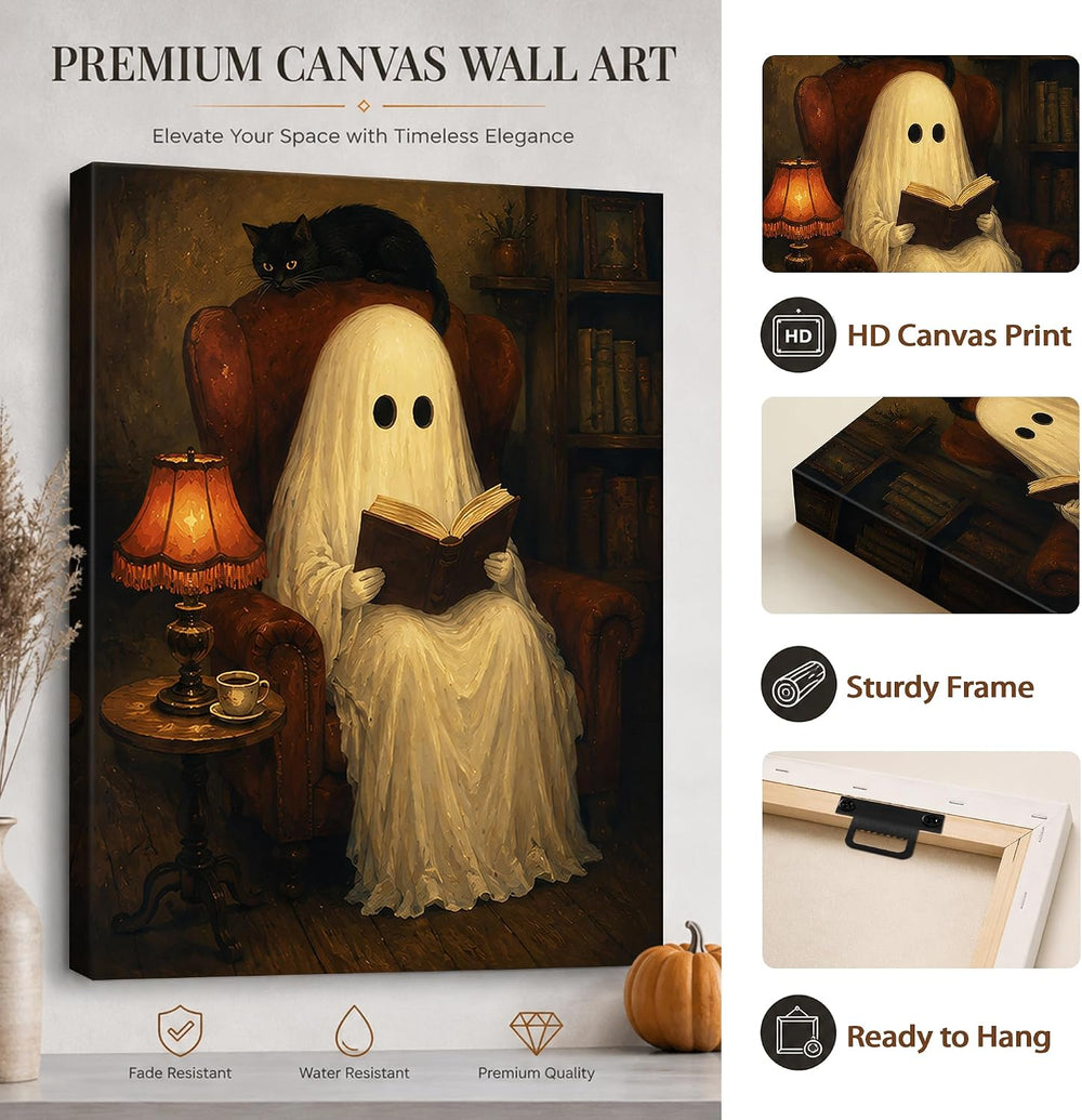 Halloween Canvas Wall Art, Reading Ghost with Black Cat Halloween Pictures