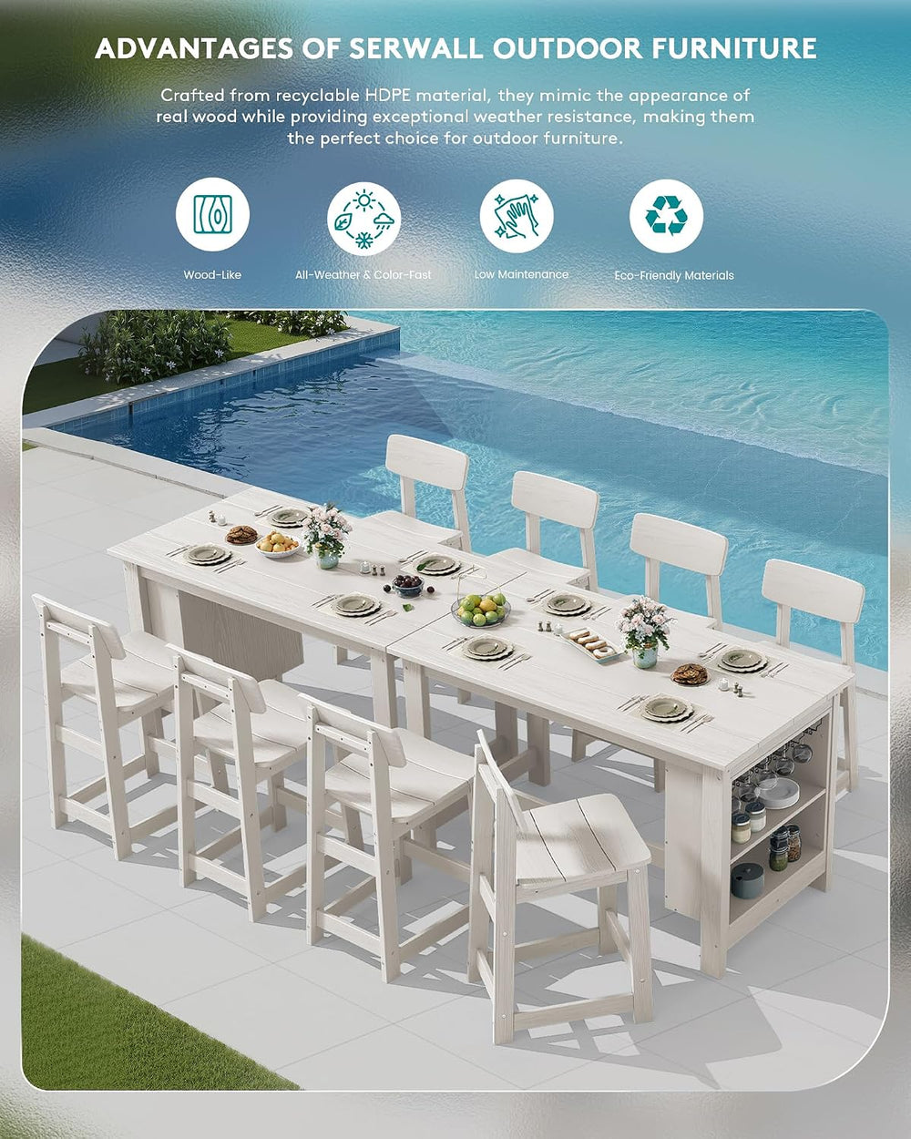 SERWALL Outdoor HDPE Counter-Height Bar Table with Storage Rack, White