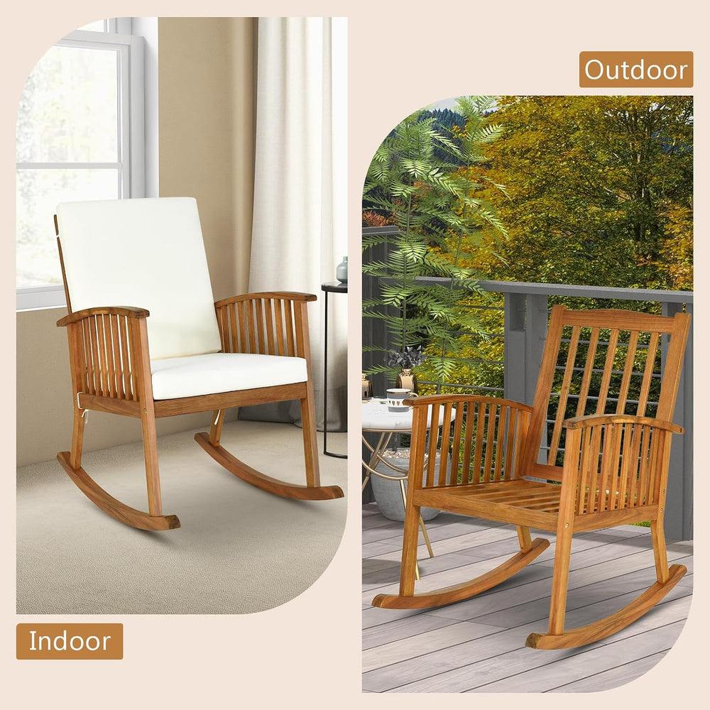 2PCS Rocking Chair Outdoor, Acacia Wooden Rocker Chair with Seat and Back Cus...
