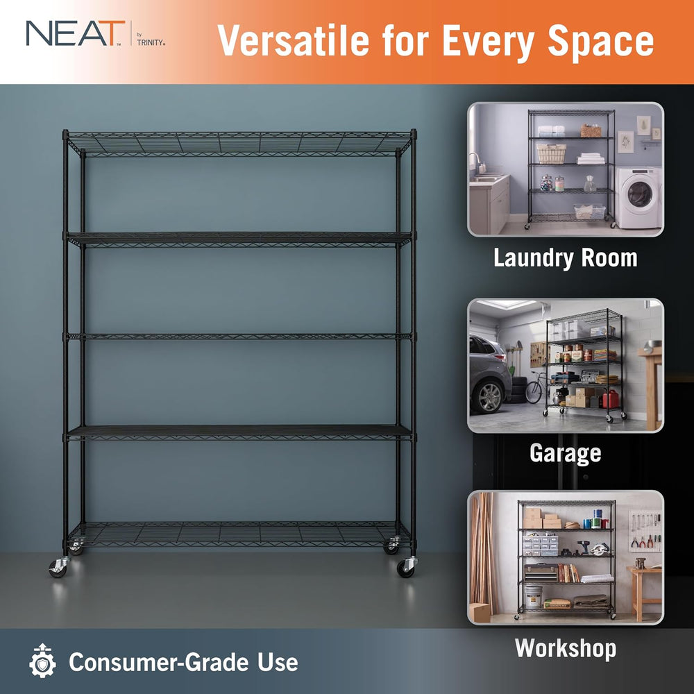 5-Tier Adjustable Wire Shelving Rack w/Wheels, Black, NSF