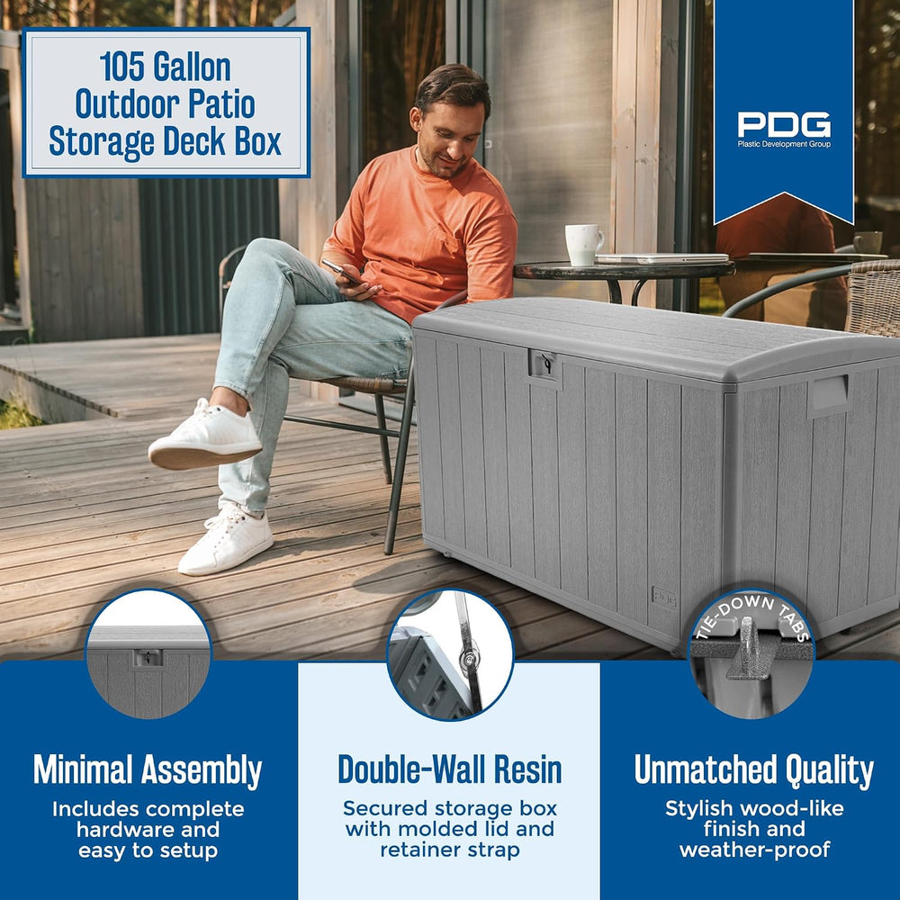 Plastic Development Group Outdoor Deck Box, Soft Close, Gray, 105 Gal