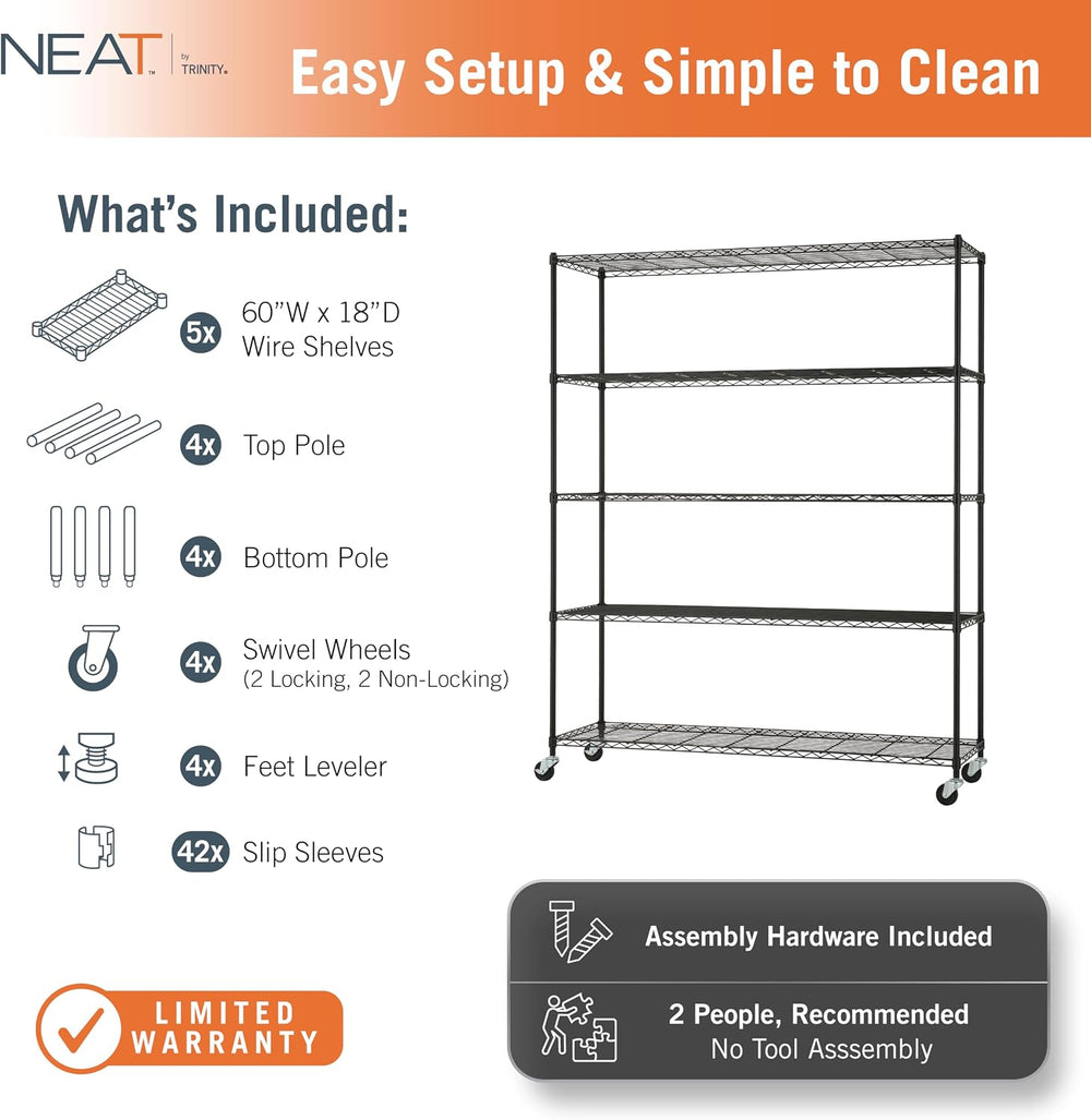 5-Tier Adjustable Wire Shelving Rack w/Wheels, Black, NSF