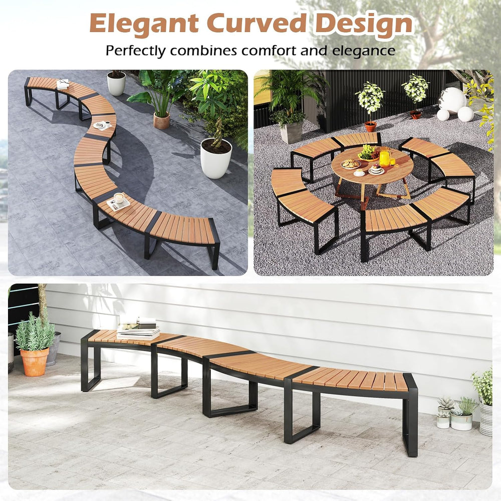 Tangkula Acacia Wood Metal Curved Bench, Fire Pit Patio Bench for 2, 2 Pack