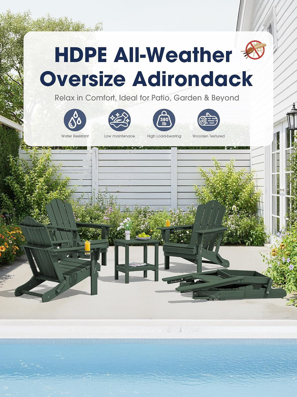 Adjustable Adirondack Chairs Set of 4, Folding Outdoor Chair, Green