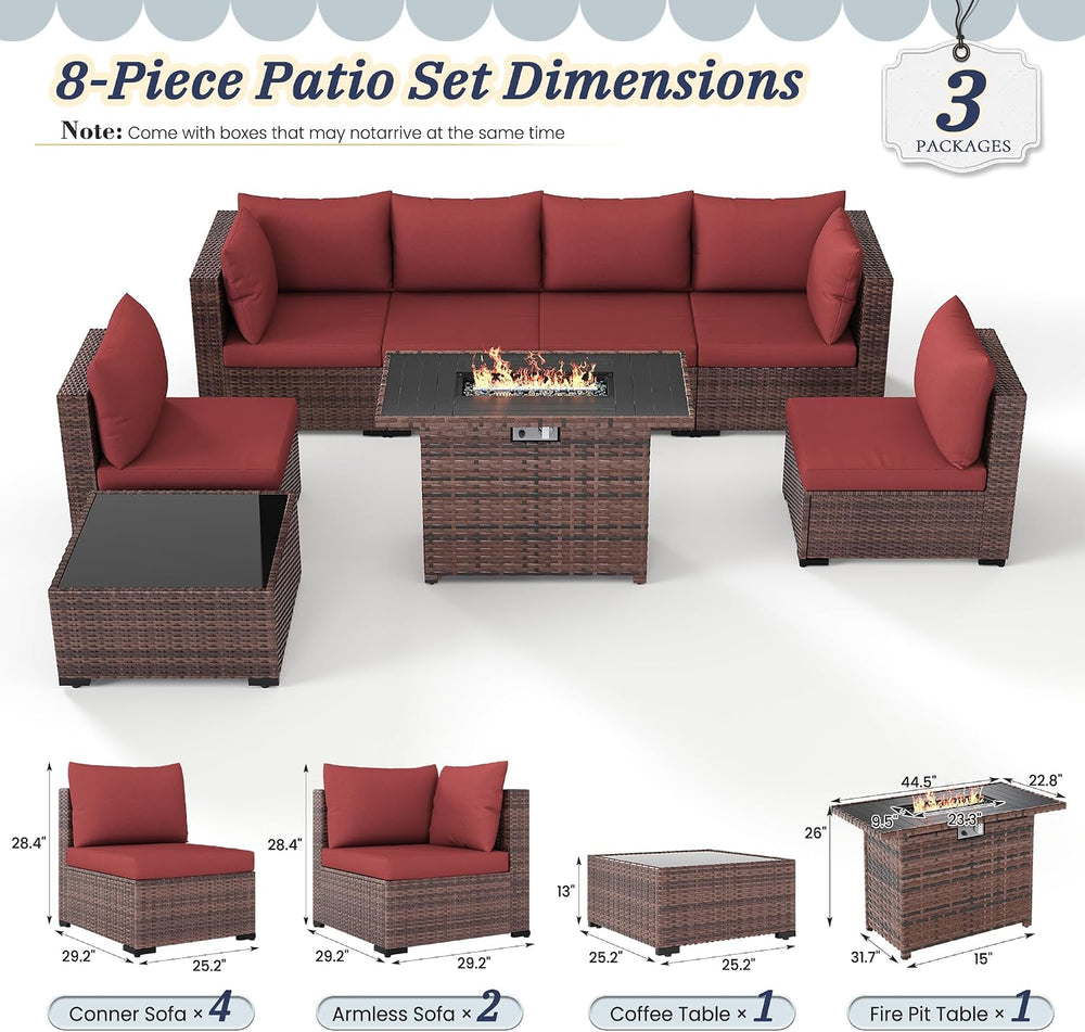 UDPATIO Patio Furniture Set with Fire Pit Table, 8-Piece Wicker Patio Set