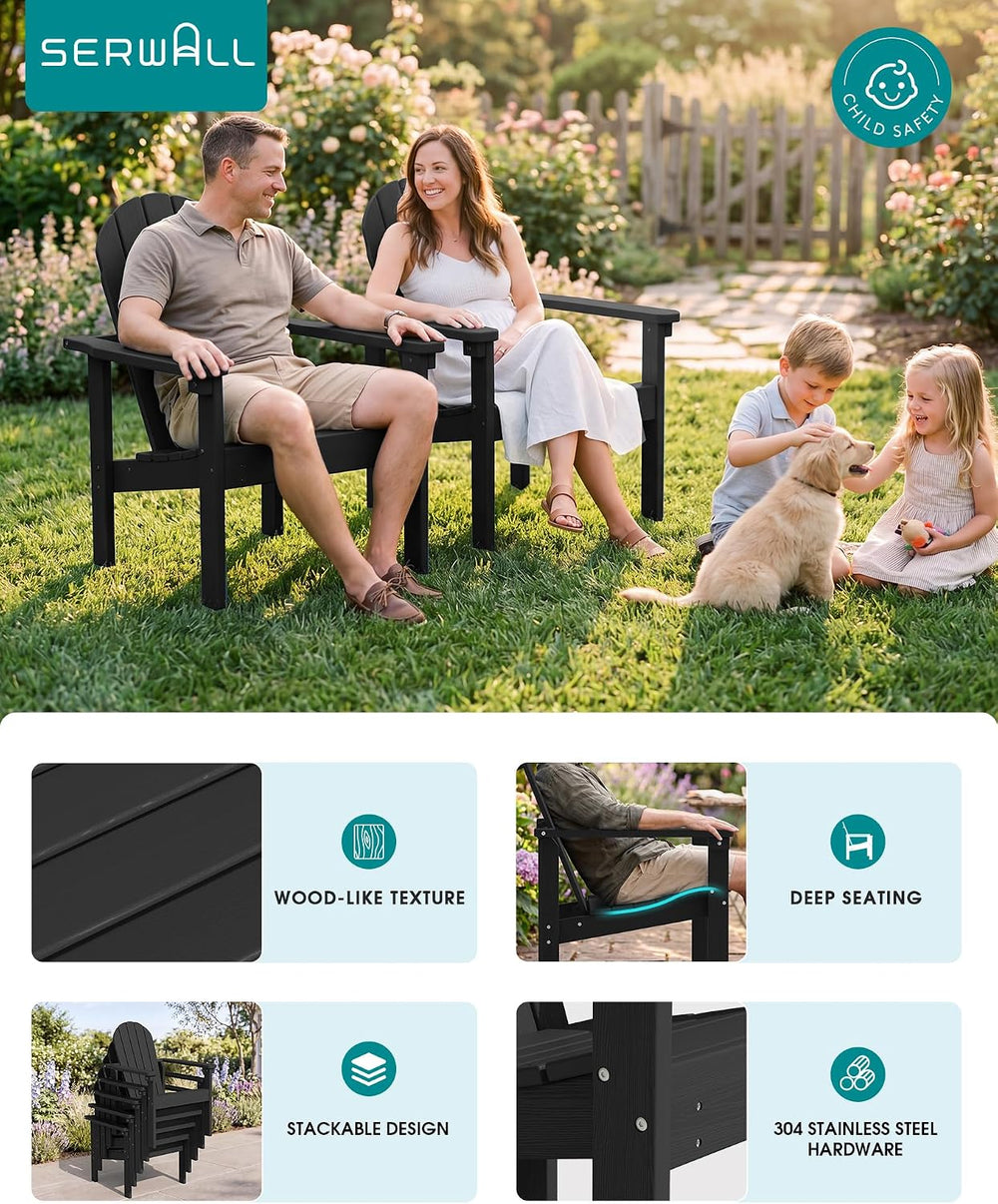 SERWALL HDPE Stackable Adirondack Chairs Set of 2,Space-Saving, Black