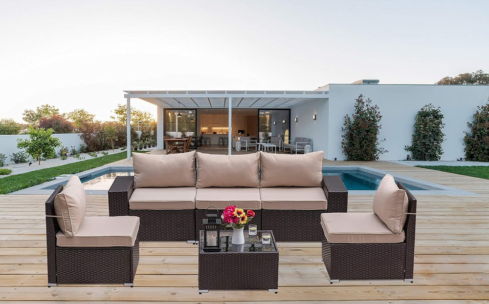 6 Piece Patio Furniture Set, Outdoor Wicker Sectional Sofa