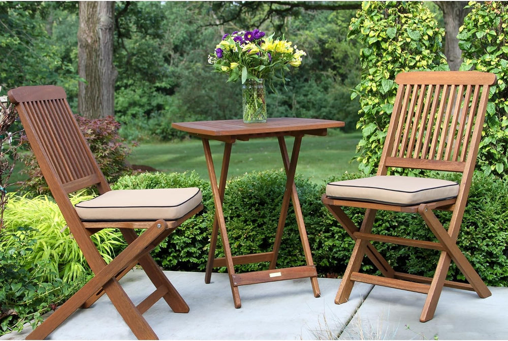 Eucalyptus Wood 3-Piece Square Foldable Bistro Outdoor Furniture Patio Set, T...