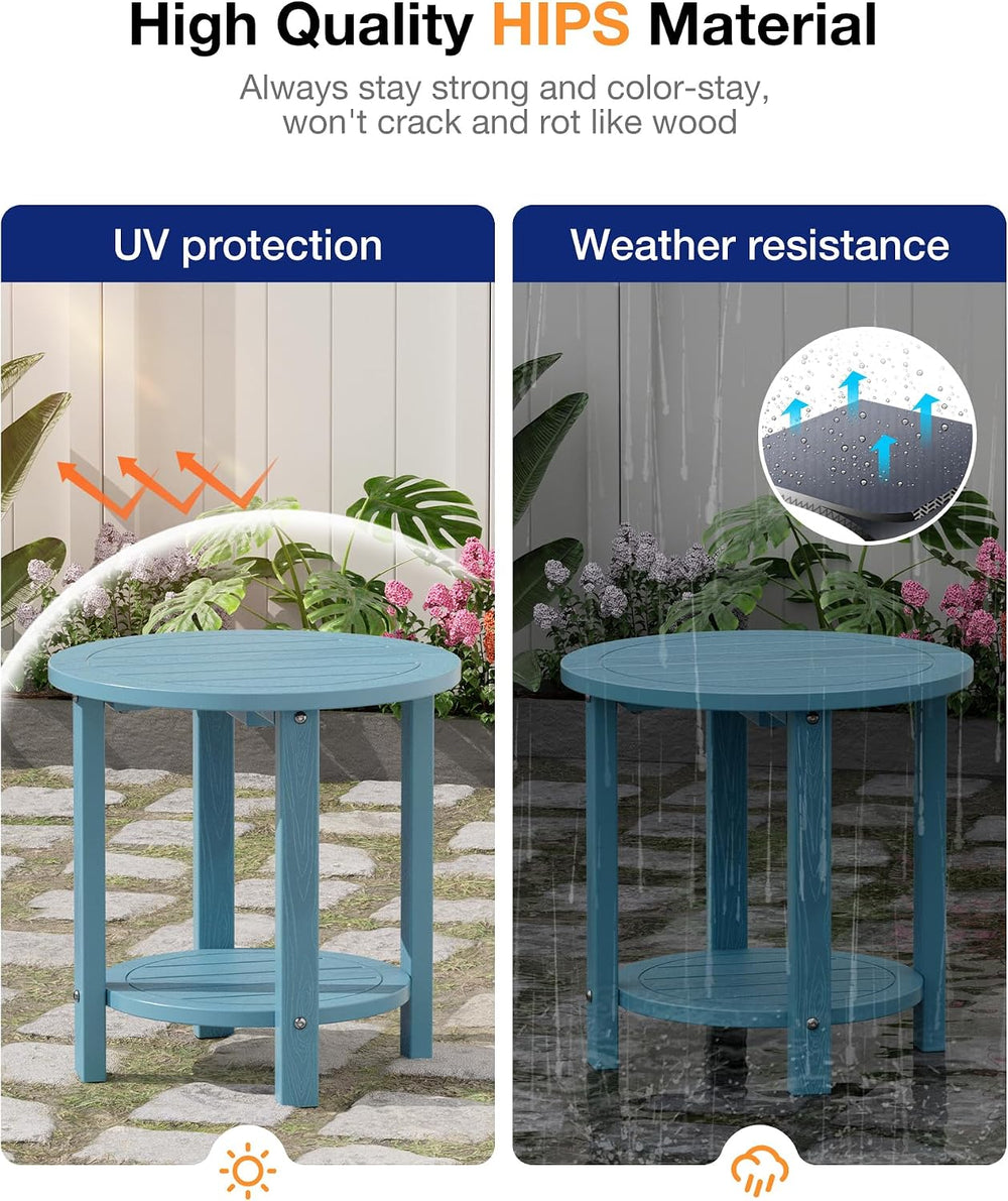 YEFU Adirondack Side Table, 16in Round, 2-Tier Storage End Table, Blue