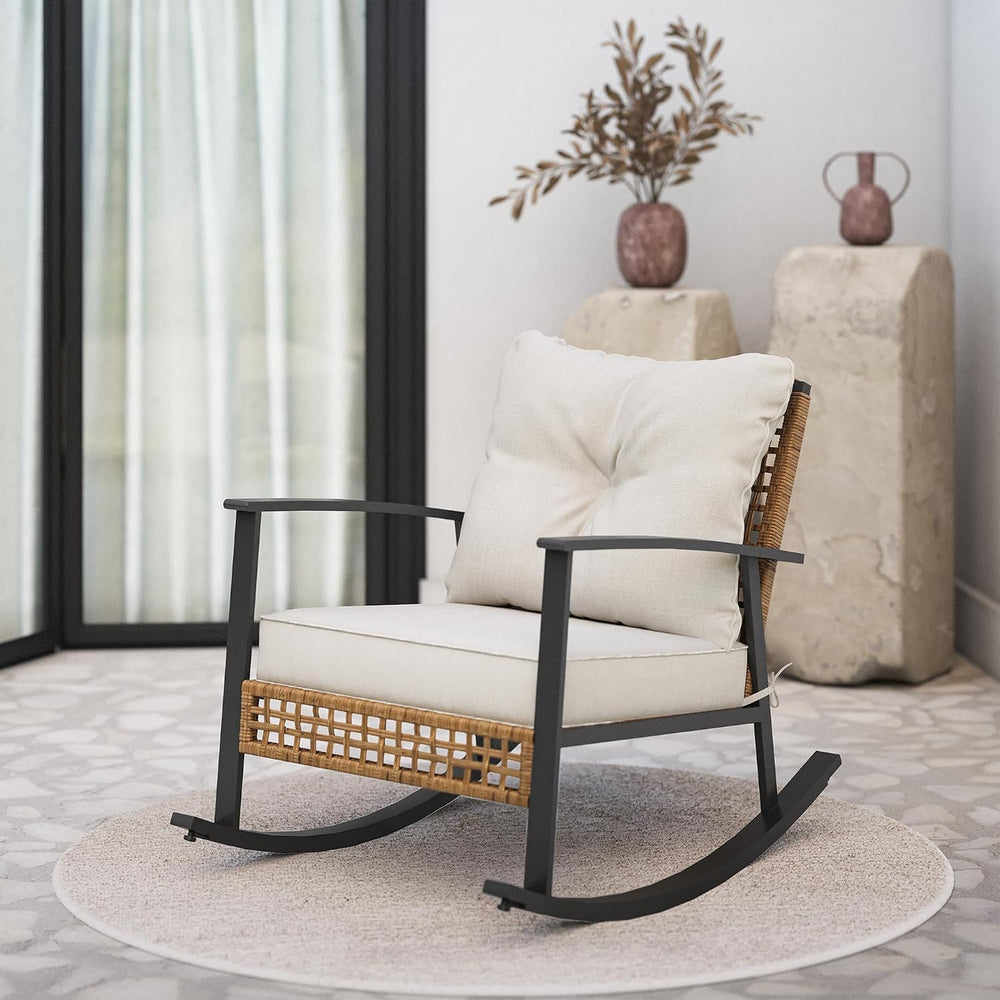 LAUSAINT HOME Outdoor Wicker Rocking Chair, Oversized Patio Chair Comfy Rocke...