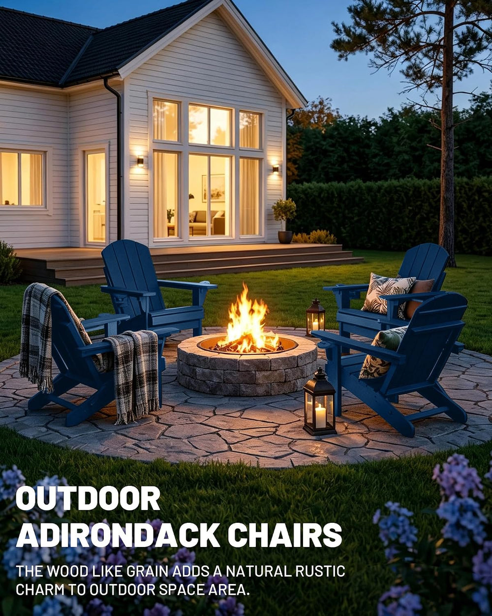 PLUUV Adjustable Folding Adirondack Chairs Set of 2 with Cup Holders, Navy